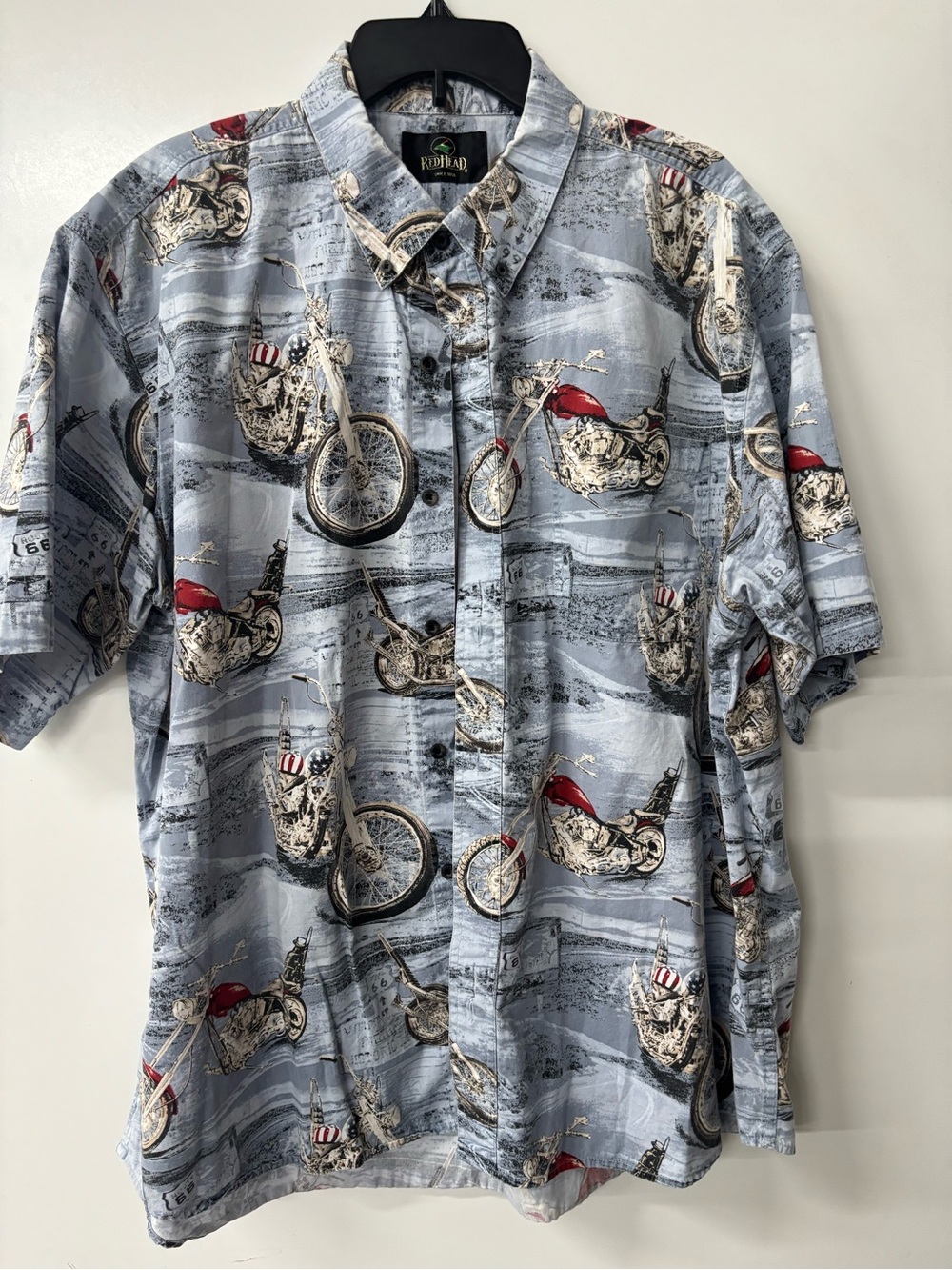 Men’s Short-Sleeve Motorcycle Print Shirt - Light Blue